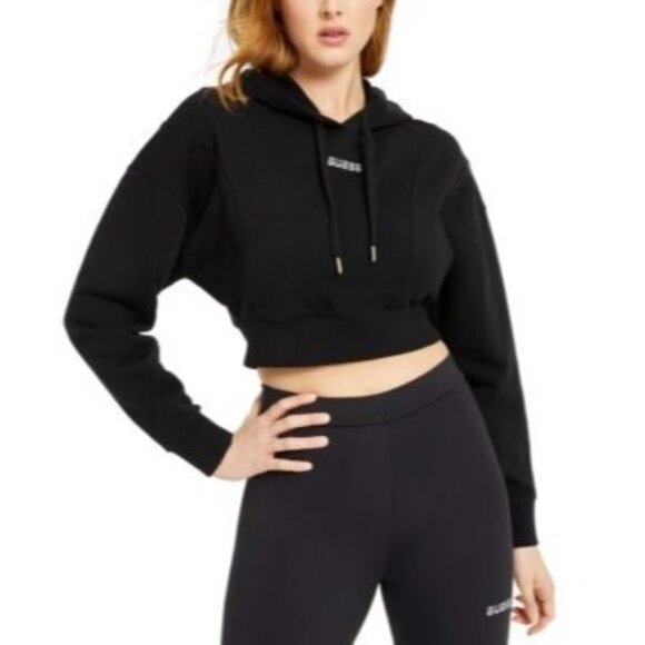 Guess Trixie Logo Cropped Hooded Sweatshirt Size XS Reflective Long Sleeved - Picture 9 of 9